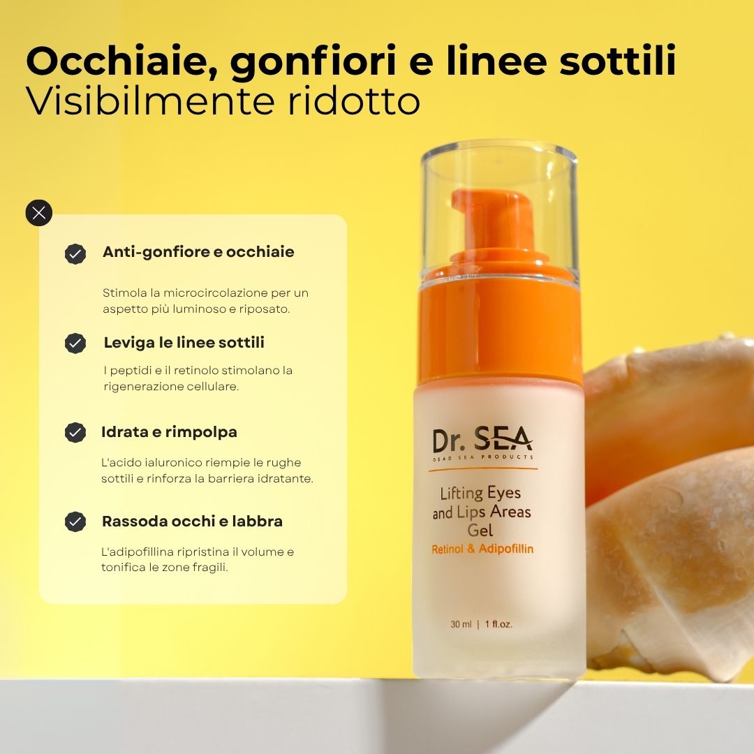 Flacone di gel con dosatore arancione. Testo: Dr. SEA, Lifting Eyes and Lips Areas Gel. Il gel riduce occhiaie, gonfiori e linee sottili.