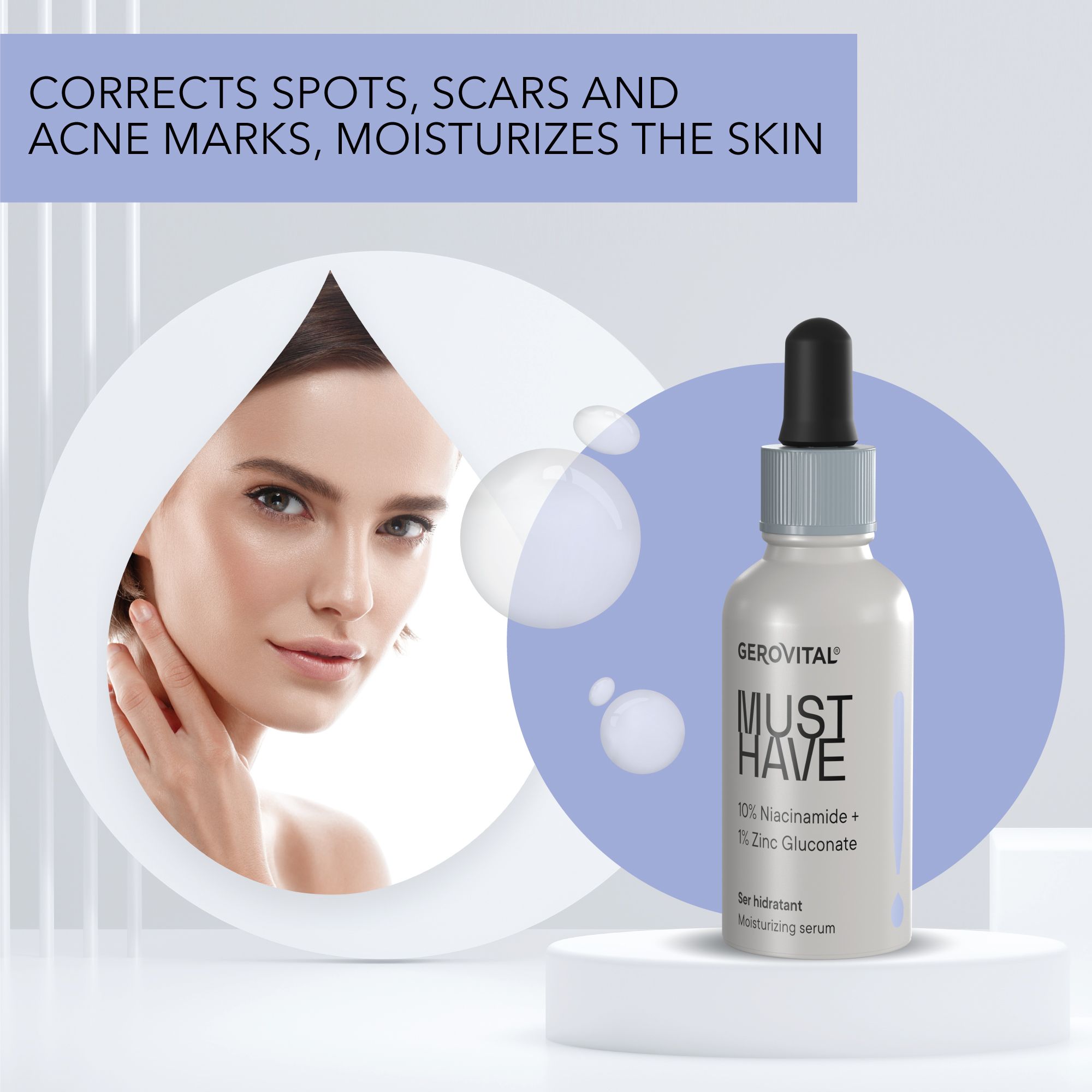 Siero Gerovital con pipetta accanto a un ritratto di donna. Testo: MUST HAVE. 10% Niacinamide + 1% Zinco Gluconato. Su sfondo blu.