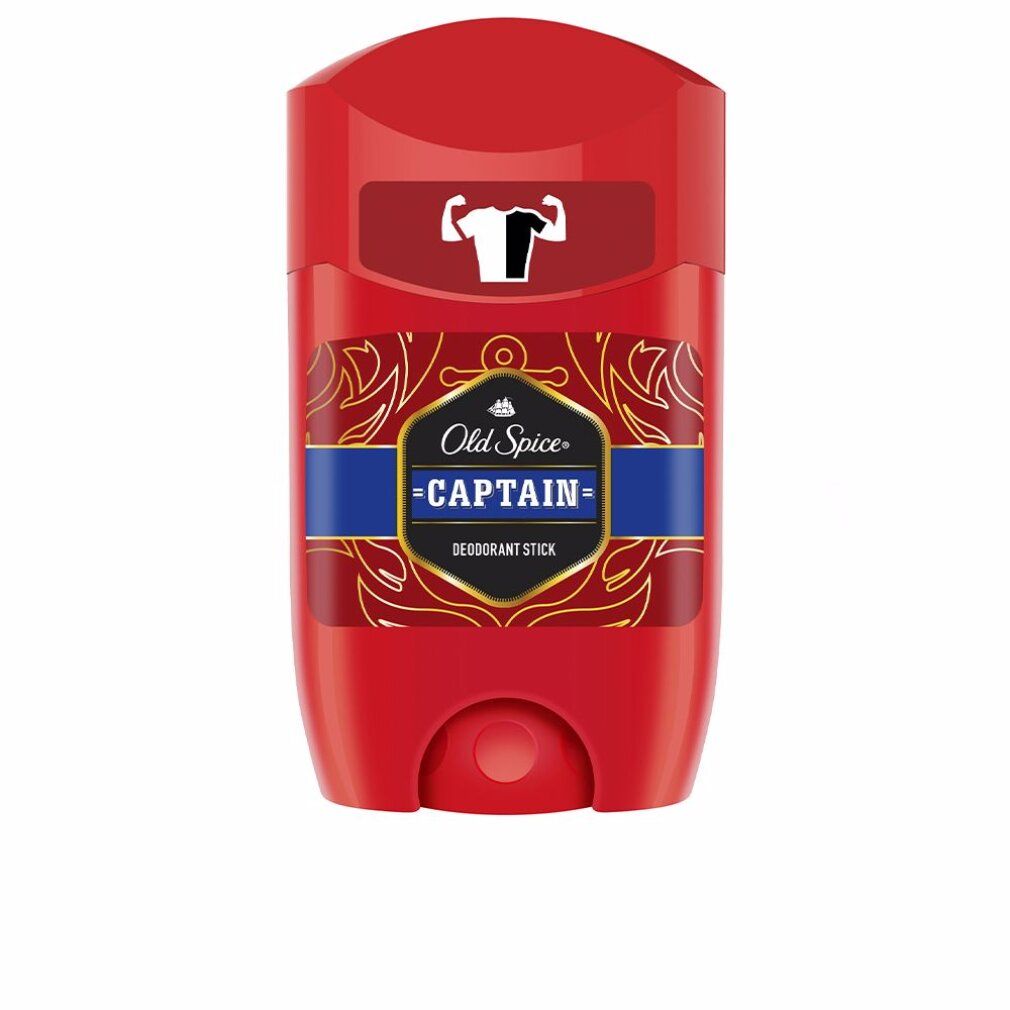 Stick deodorante rosso. Logo bianco e scritta: Old Spice Captain Deodorant Stick.