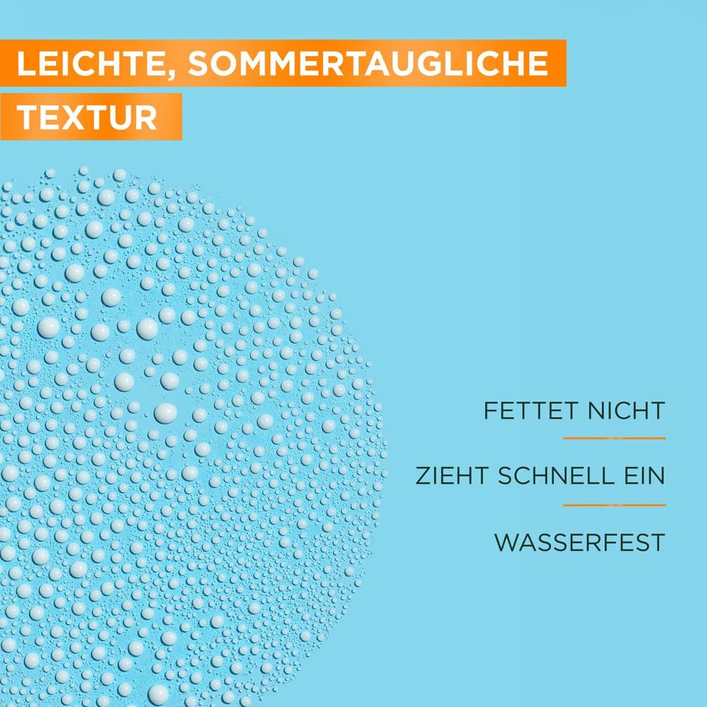 Sfondo blu con gocce d'acqua. Testo: Texture leggera, estiva. Non unge, si assorbe rapidamente, resistente all'acqua.