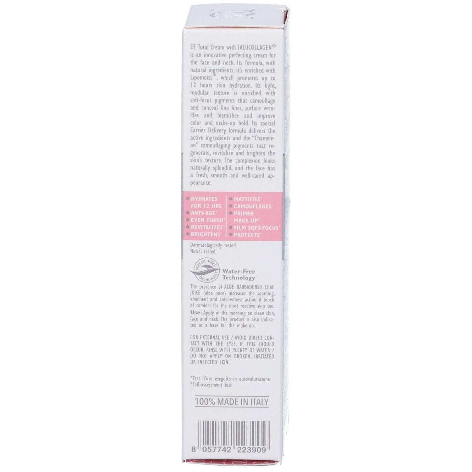 Retro della confezione del prodotto. Testo in italiano. Contiene informazioni sugli ingredienti e l'uso.