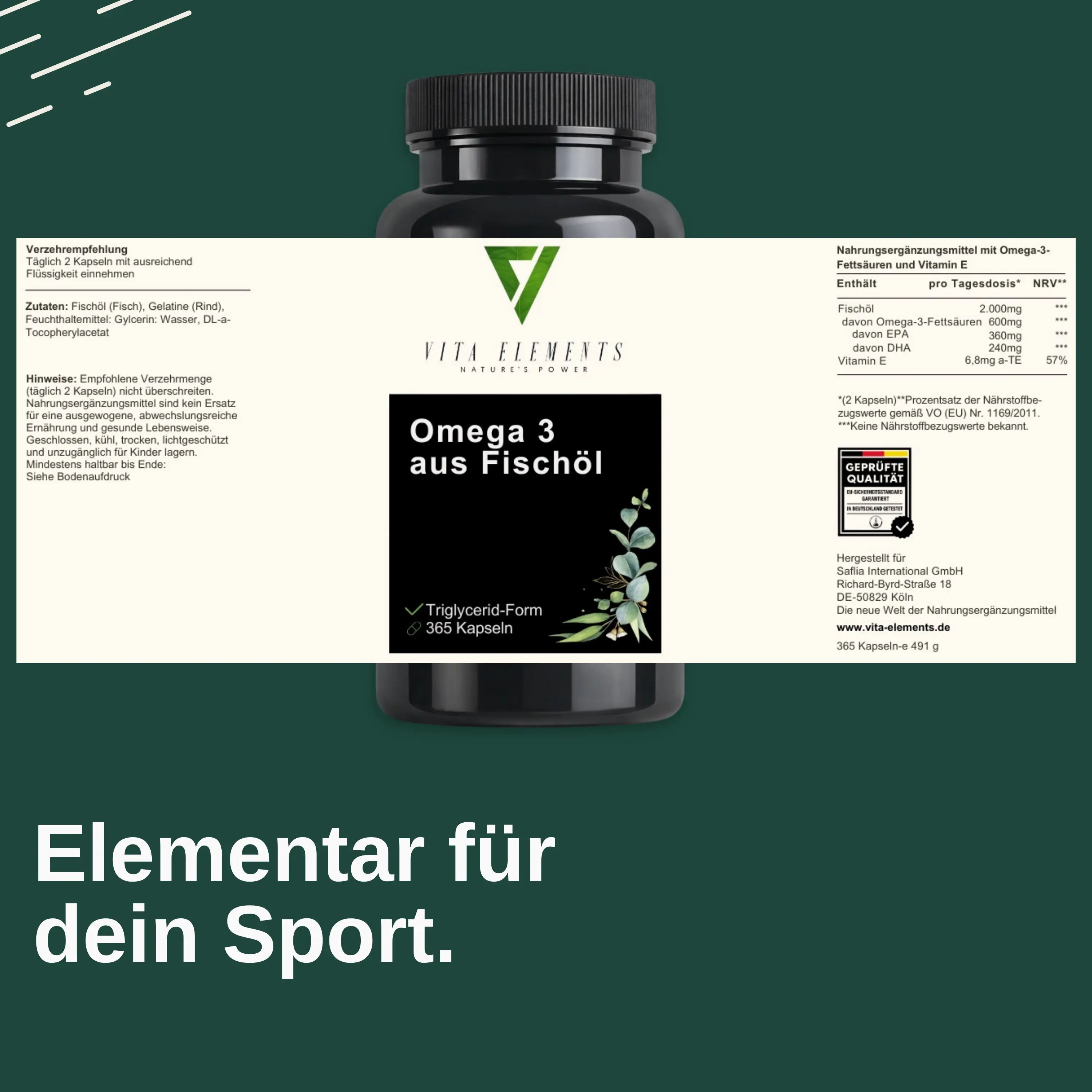 Etichetta delle capsule Vita Elements Omega 3 da olio di pesce: 365 capsule, forma trigliceride, con vitamina E.