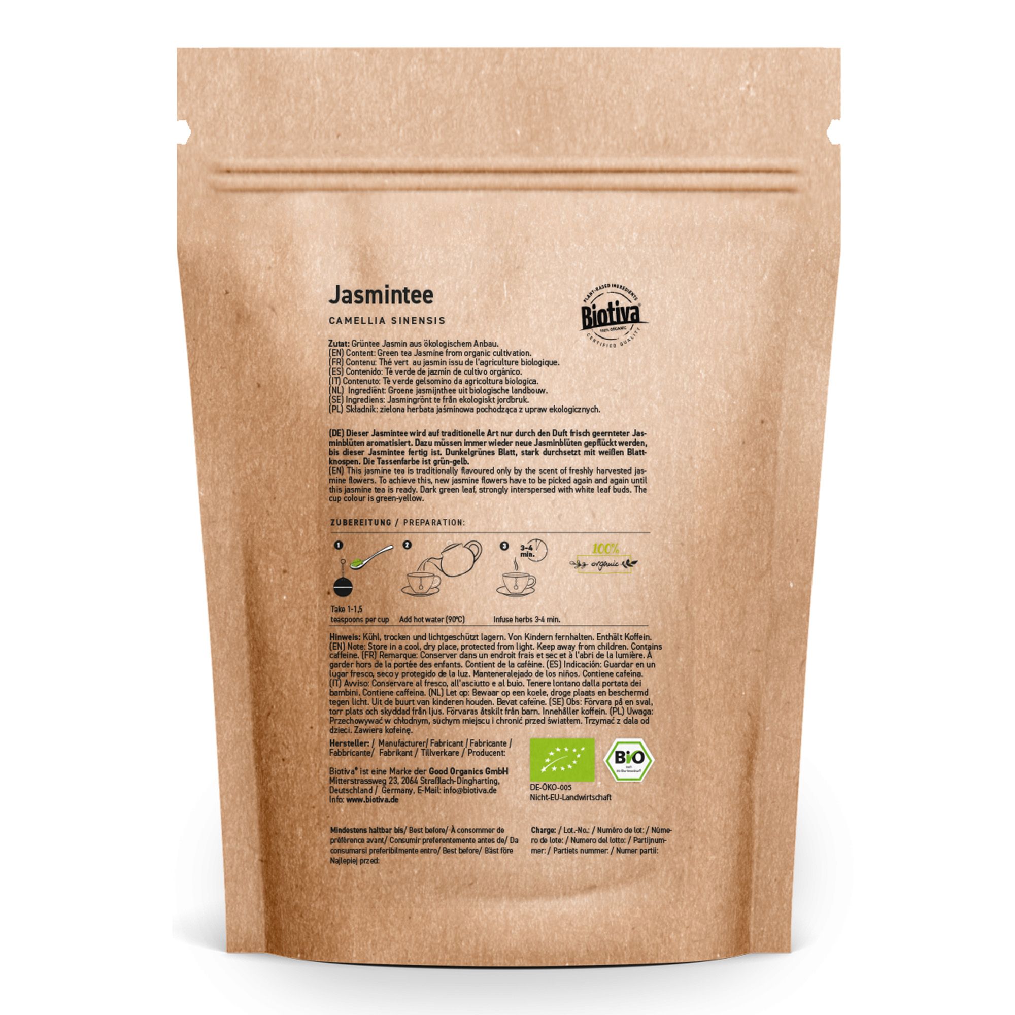 Retro di un imballaggio in carta marrone. Testo: Tè al gelsomino, Camellia sinensis, istruzioni per la preparazione, sigillo biologico.