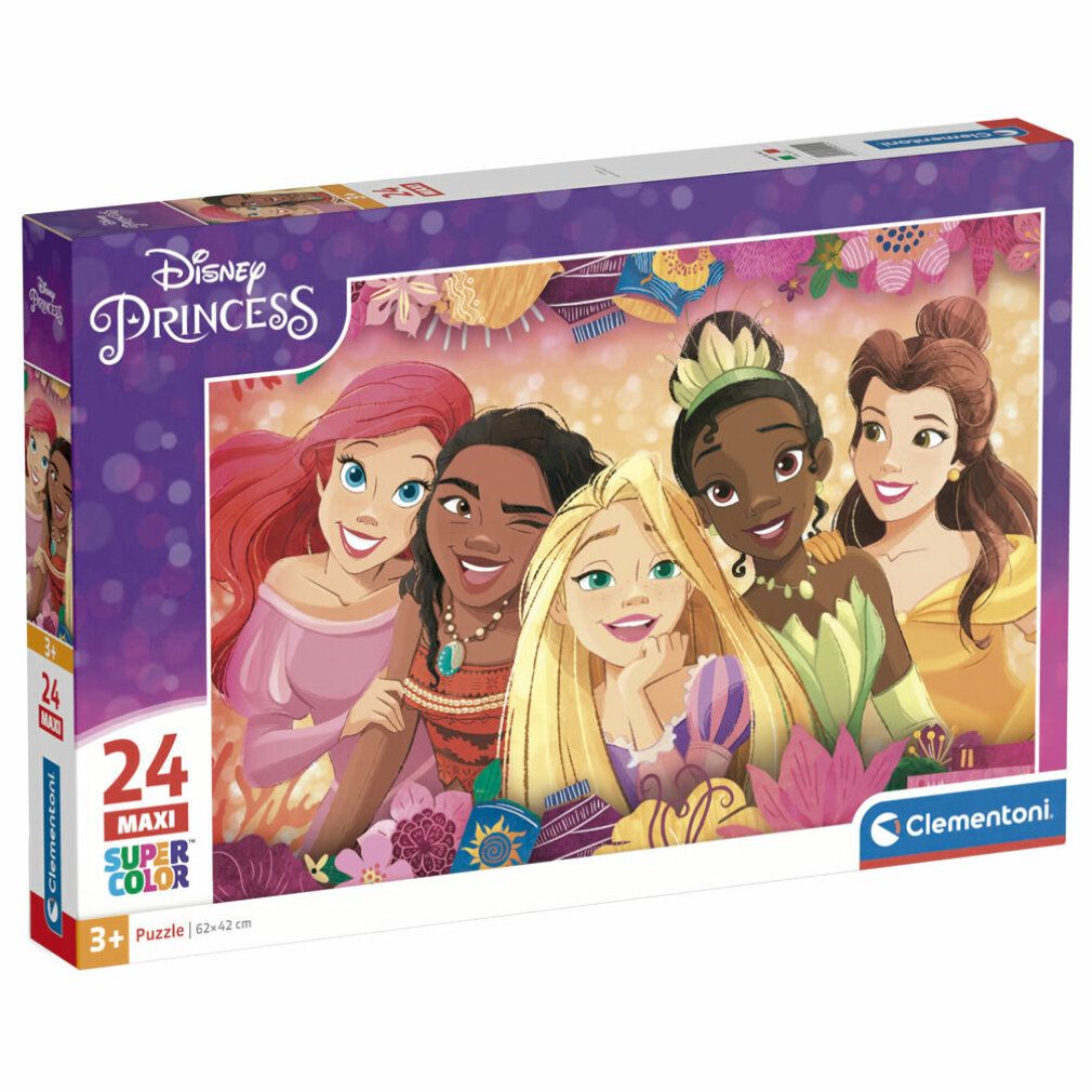 Scatola puzzle Disney Princess. 24 pezzi, formato maxi. Marchio Clementoni. Indicato: 3+ anni.