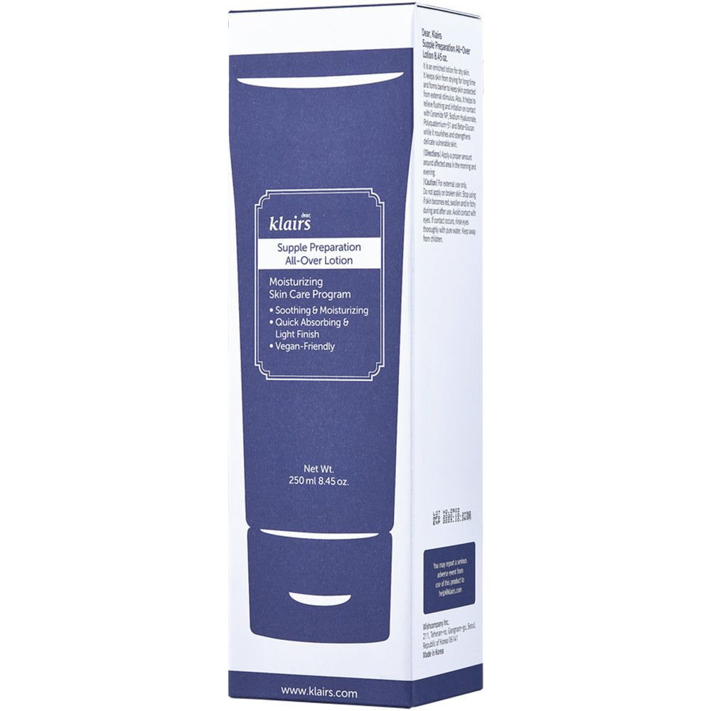 Confezione. Tubo con etichetta blu. Testo: klairs, Supple Preparation All-Over Lotion. 250ml.