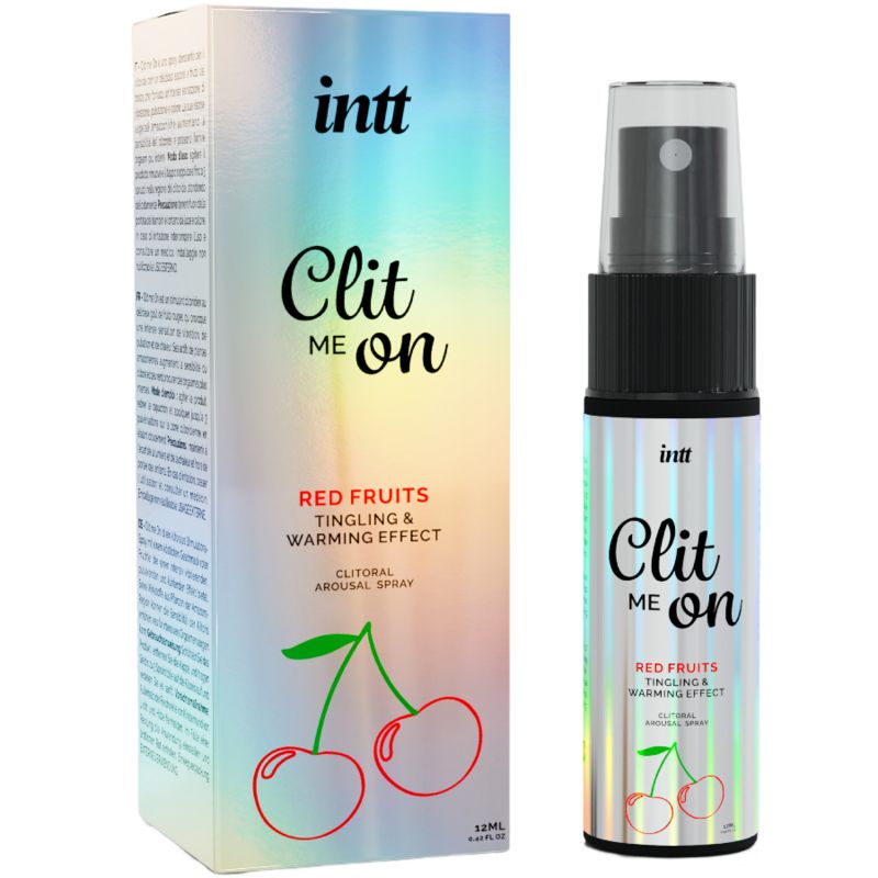 Intt Clit Me On Red Fruits Spray con effetto formicolio e riscaldante. Flacone e confezione da 12ml con ciliegie.