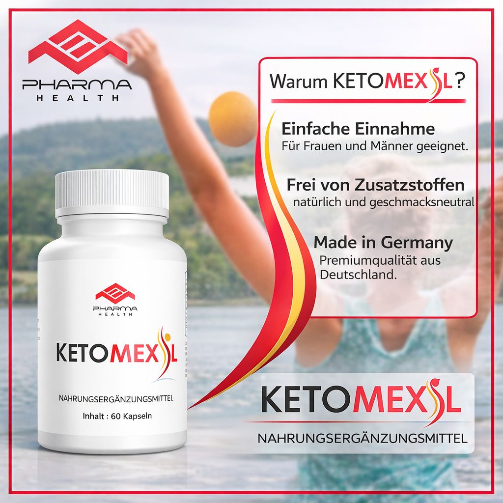 Flacone bianco di capsule con design rosso e giallo. Scritta: KETOMEXIL, Pharma Health. Contenuto: 60 capsule. Sfondo: persona sul lago.