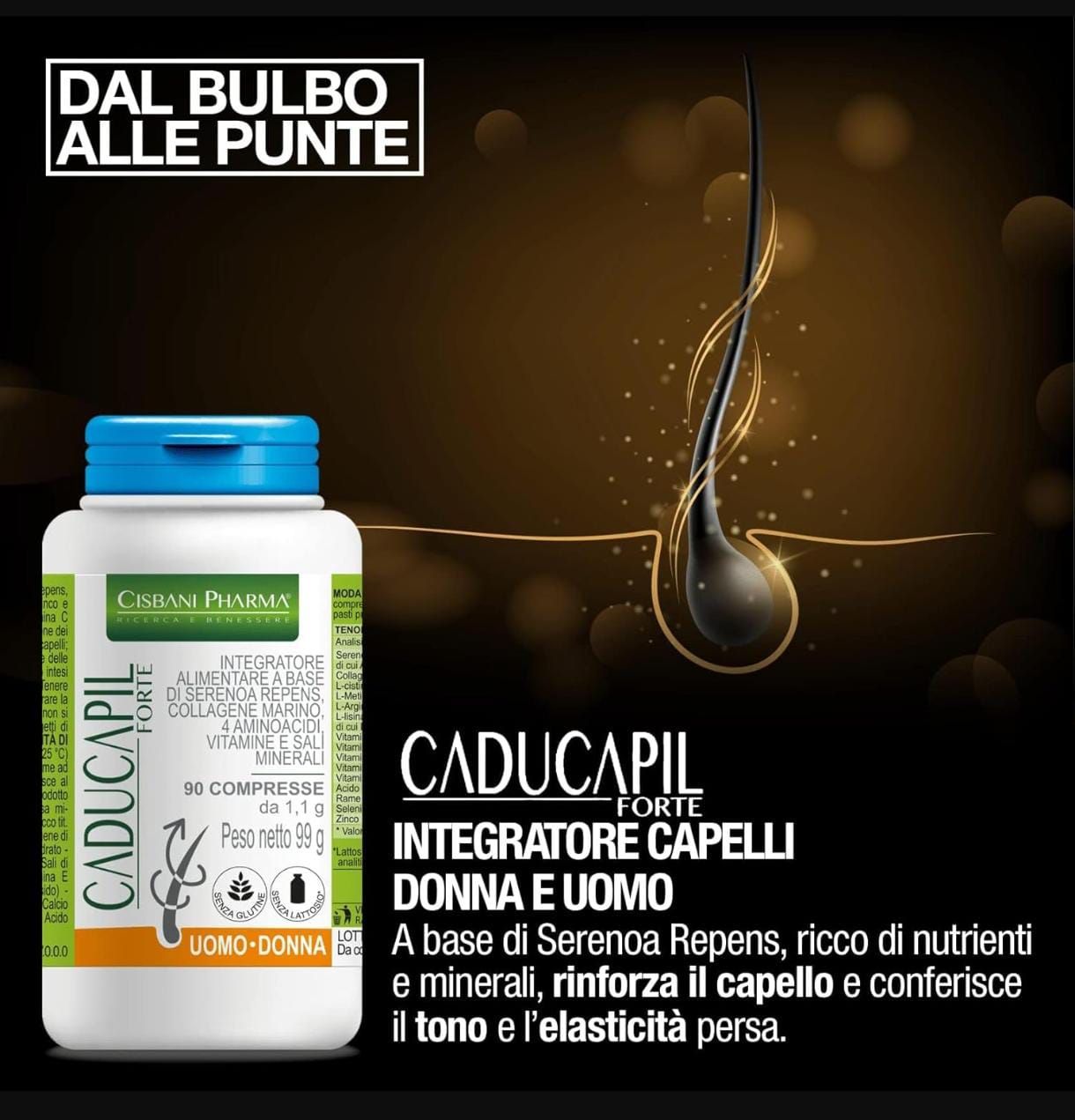 Flacone di compresse con informazioni sul prodotto. Simbolo dei capelli sullo sfondo. Testo: Caducapil Forte, 90 compresse, Uomo-Donna.