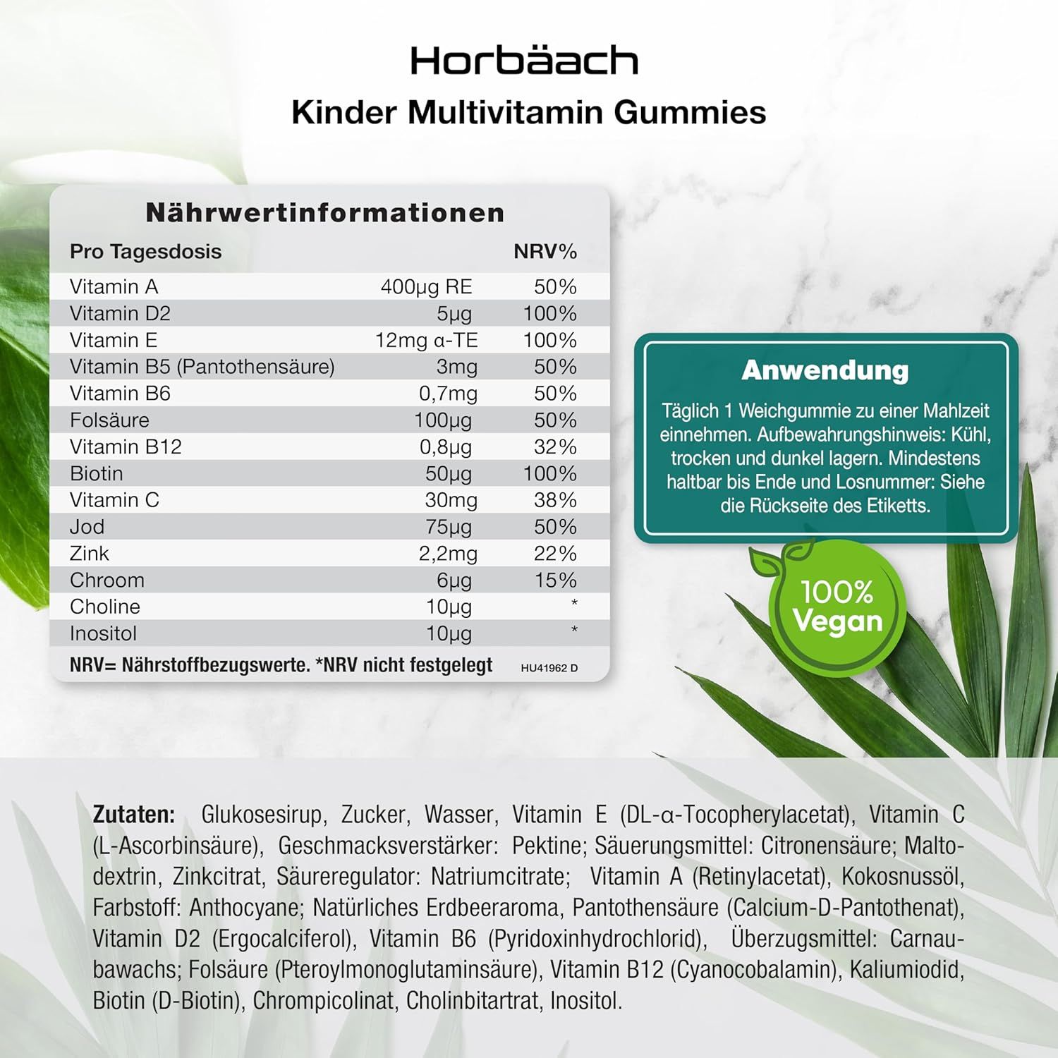 Horbaach Multivitamin Gummies bambini. Informazioni nutrizionali. Istruzioni per l'uso. 100% Vegano. Ingredienti.