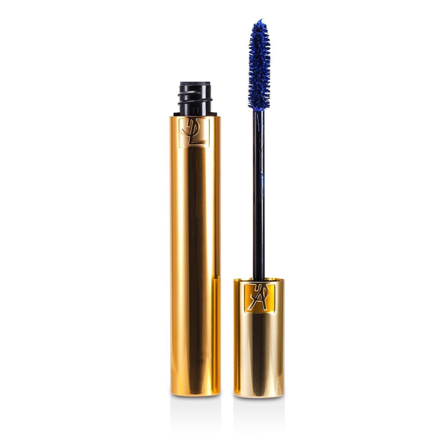 Tubo mascara dorato con spazzola blu. Logo sul tubo. Spazzola estratta dal tubo.