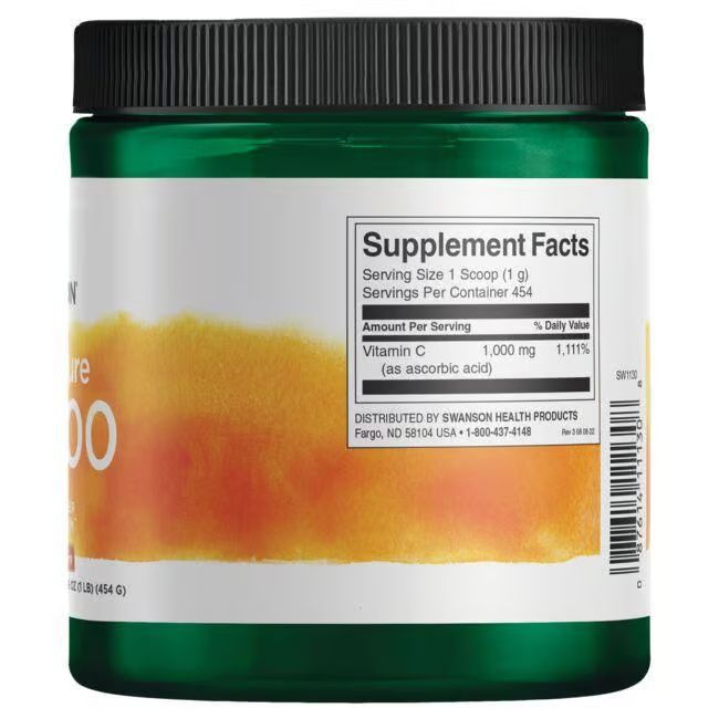 Barattolo verde con coperchio nero. Retro con informazioni nutrizionali e testo di Swanson Health Products.