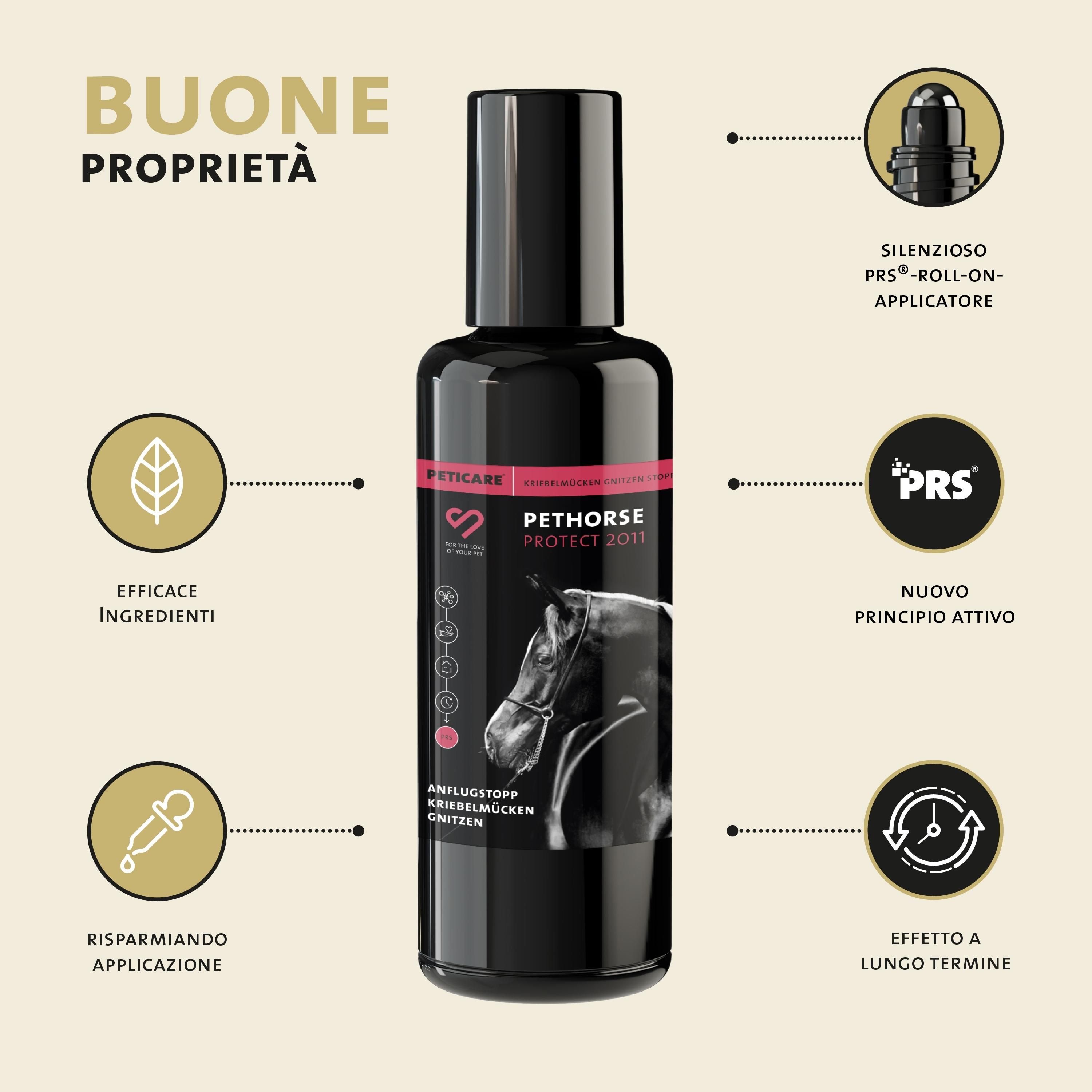Flacone nero con applicatore roll-on. Testo: Pethorse Protect 2011. Loghi e icone. Caratteristiche del prodotto: ingredienti efficaci, applicazione economica.