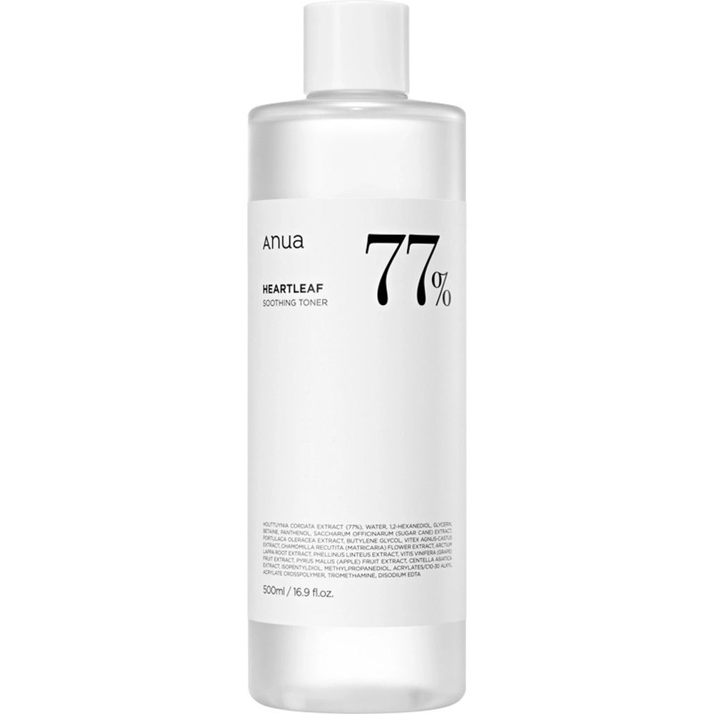 Grande flacone bianco con liquido trasparente, tappo bianco. Scritta: anua, 77%, Heartleaf Soothing Toner. Testo in basso.