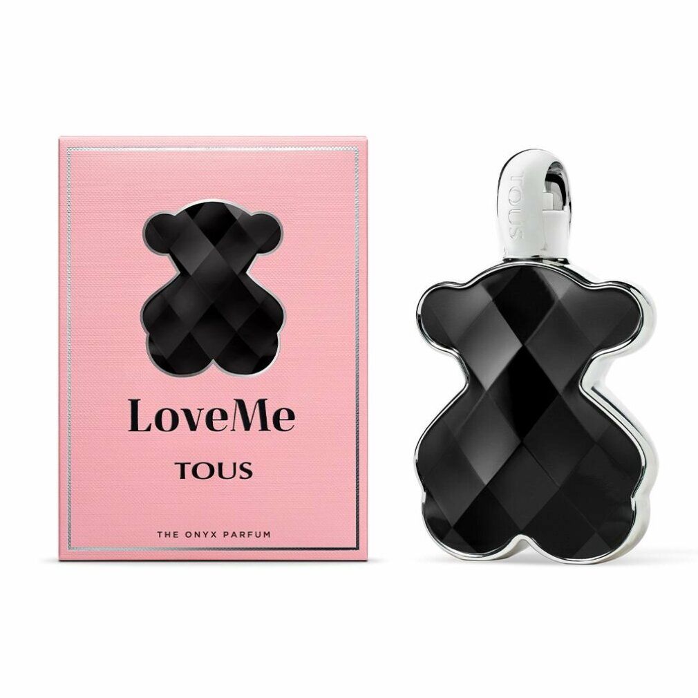 Flacone nero a forma di orso e scatola rosa. Sulla scatola c'è scritto "LoveMe TOUS" e "THE ONYX PARFUM".