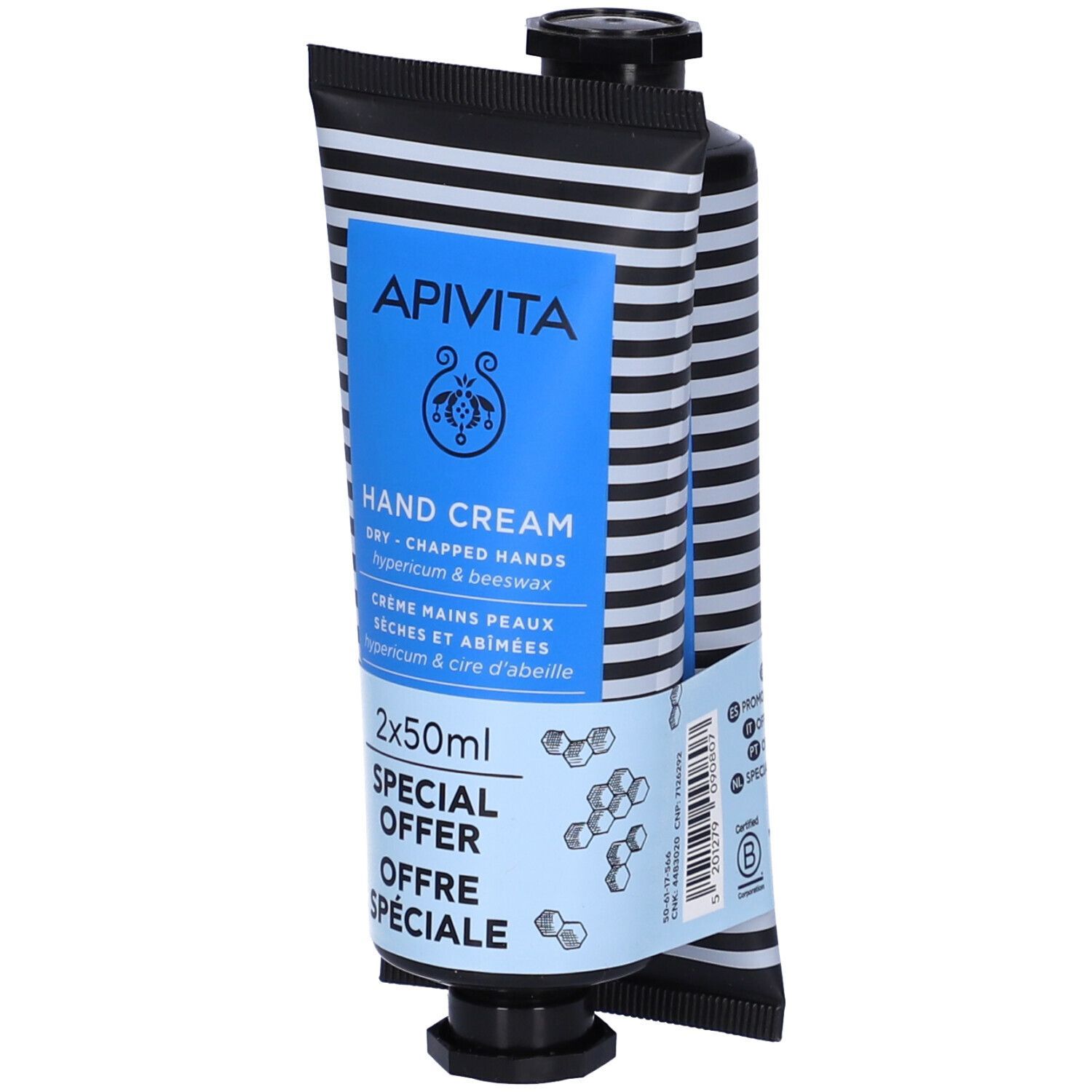 Due tubi di crema mani, confezione blu e bianca. Scritta: APIVITA, Hand Cream, 2x50ml, Offerta Speciale.