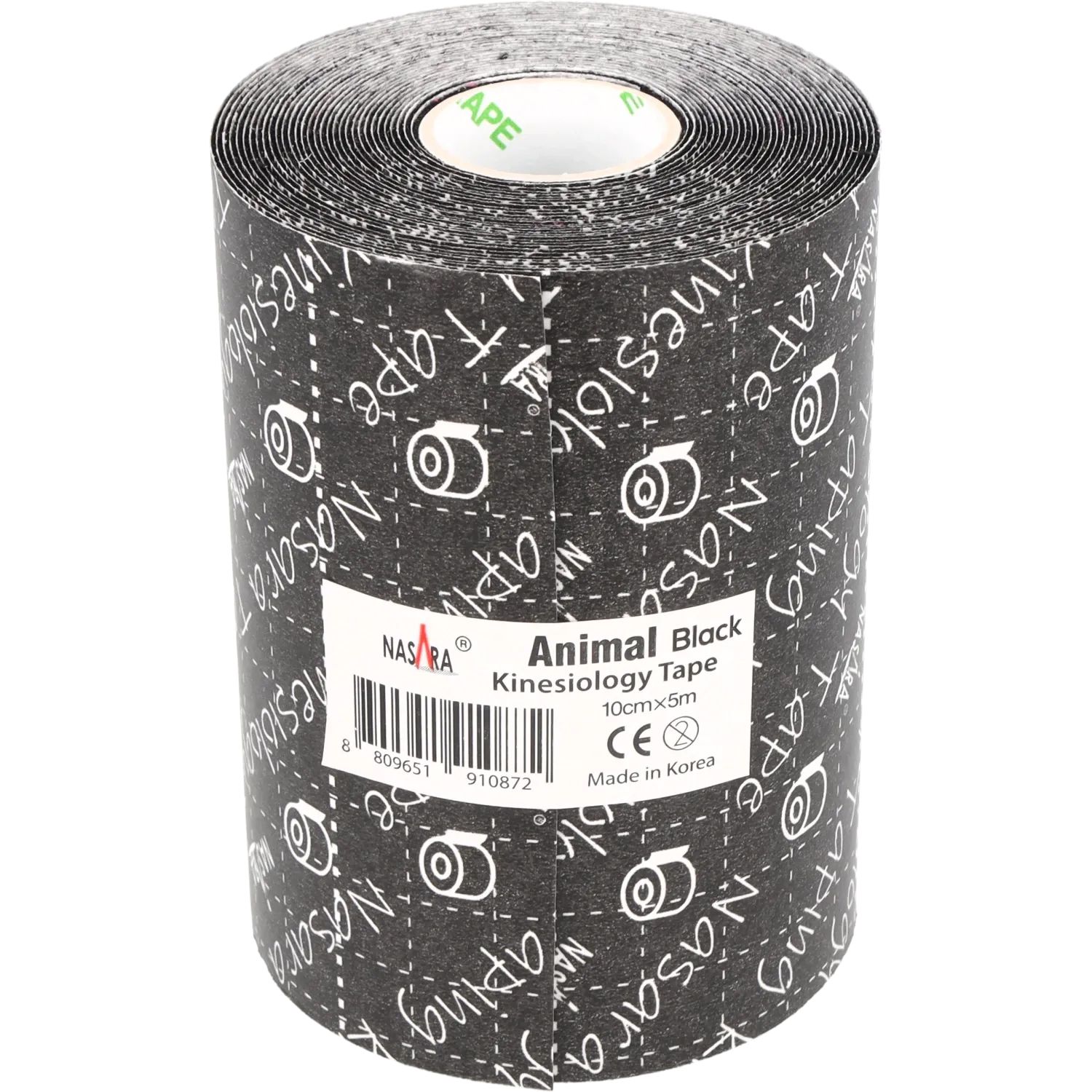 Rotolo di nastro kinesio nero. Stampato: "Animal Black Kinesiology Tape", "10cmx5m", "Made in Korea" e codice a barre. Il marchio è "NASARA".