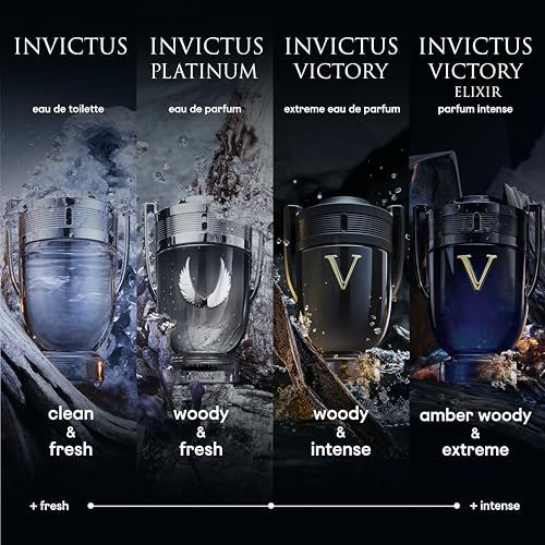 Quattro flaconi: Invictus, Invictus Platinum, Invictus Victory, Invictus Victory Elixir. Testo: Eau de Toilette, Eau de Parfum, Extreme Eau de Parfum, Parfum Intense.