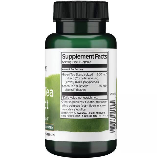 Retro di un flacone verde con tappo nero. Scritta: Supplement Facts, Green Tea Extract, 500 mg.