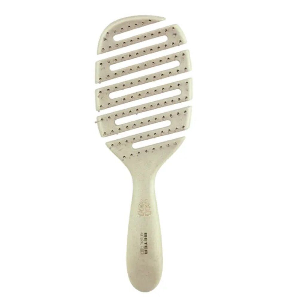 Spazzola per capelli beige con manico e setole flessibili. Il cuscinetto ha fessure e fori. Il manico riporta il marchio.