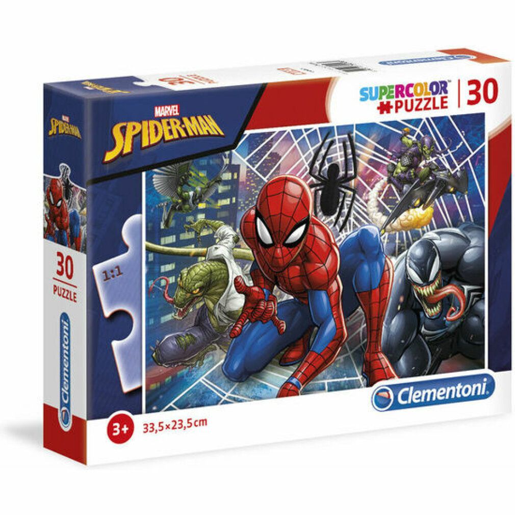 Scatola puzzle Marvel Spiderman, 30 pezzi. Dimensioni 33,5 x 23,5 cm. Età 3+. Marchio Clementoni.