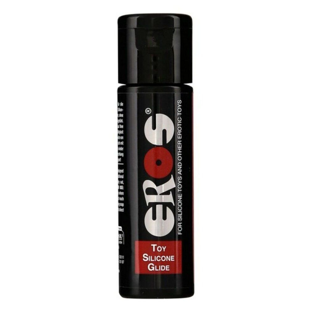 Flacone nero con logo "Eros" e testo. "Toy Silicone Glide" sotto. Per giocattoli in silicone e altri giocattoli erotici.