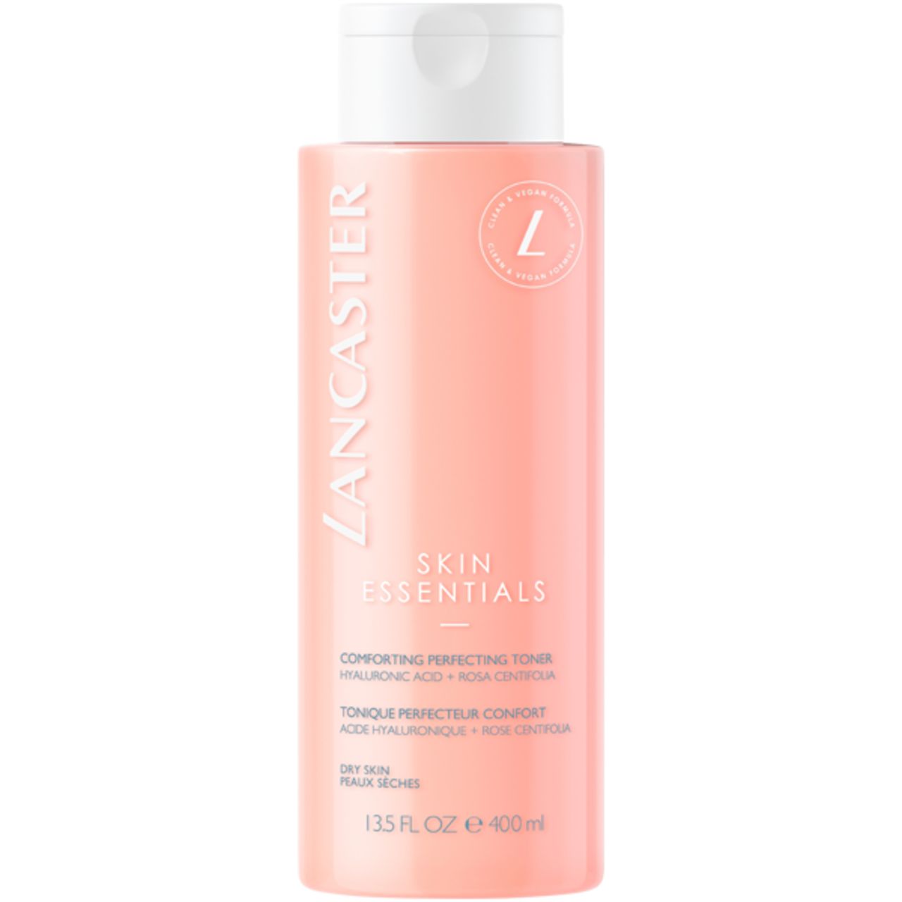Flacone rosa con tappo bianco. Scritta: Lancaster Skin Essentials Comforting Perfecting Toner. 13.5 FL. OZ. e 400ml.