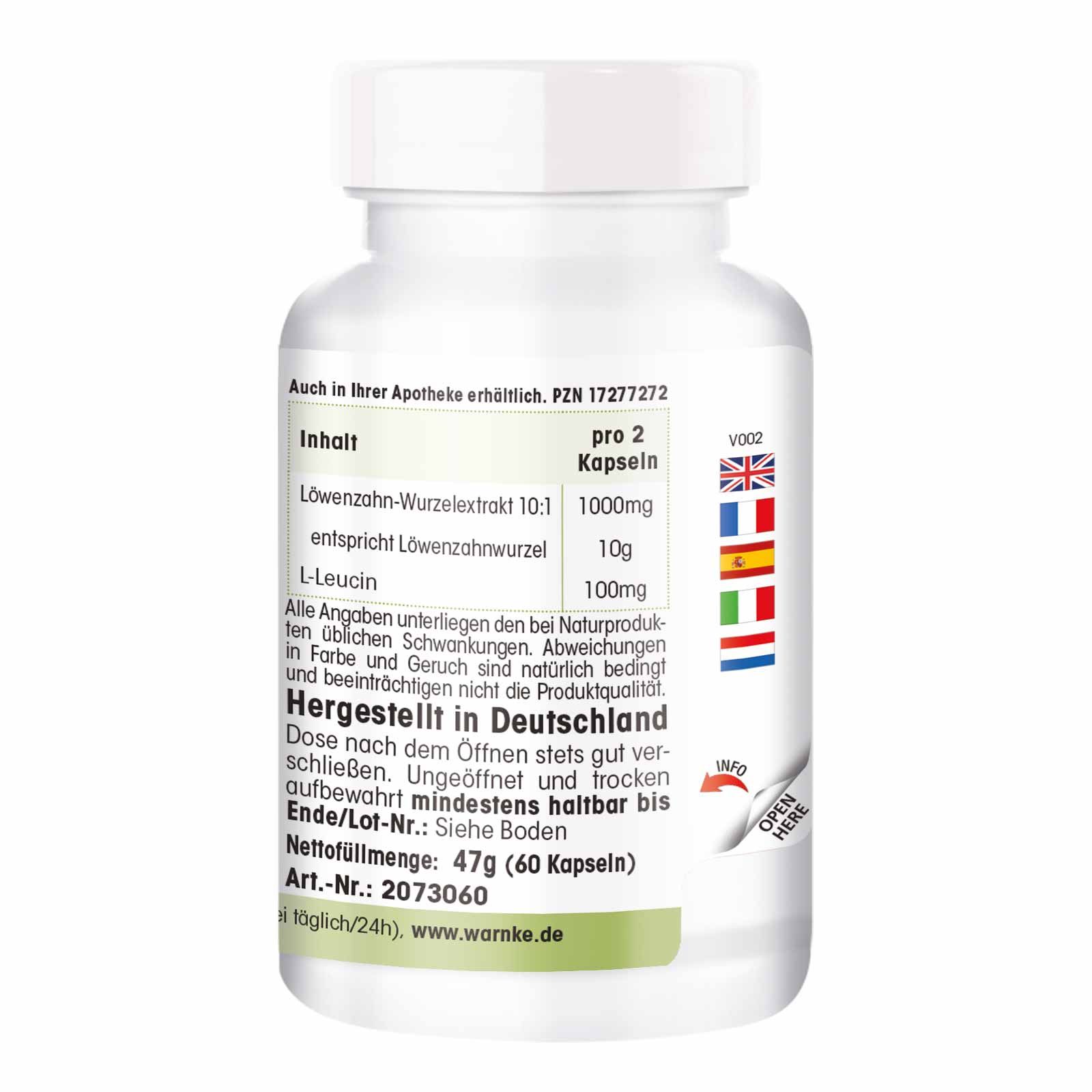 Retro del flacone. Testo: Contenuto per 2 capsule. Estratto di radice di tarassaco 10:1. Prodotto in Germania. 60 capsule.