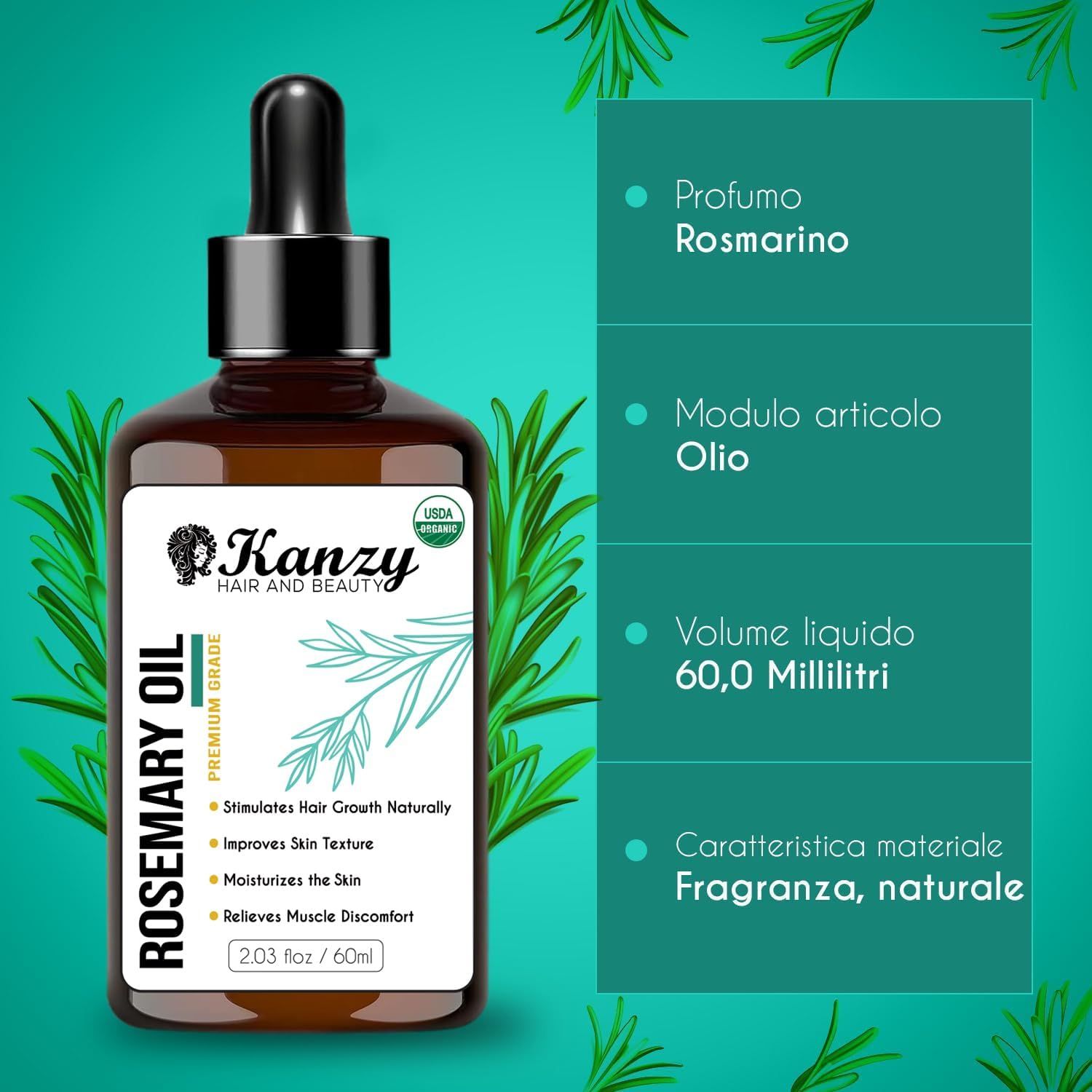 Flacone di vetro marrone con pipetta. Etichetta con informazioni sul prodotto. Testo: Kanzy, Olio di rosmarino, 60ml. Informazioni aggiuntive: profumo, forma, volume, proprietà.