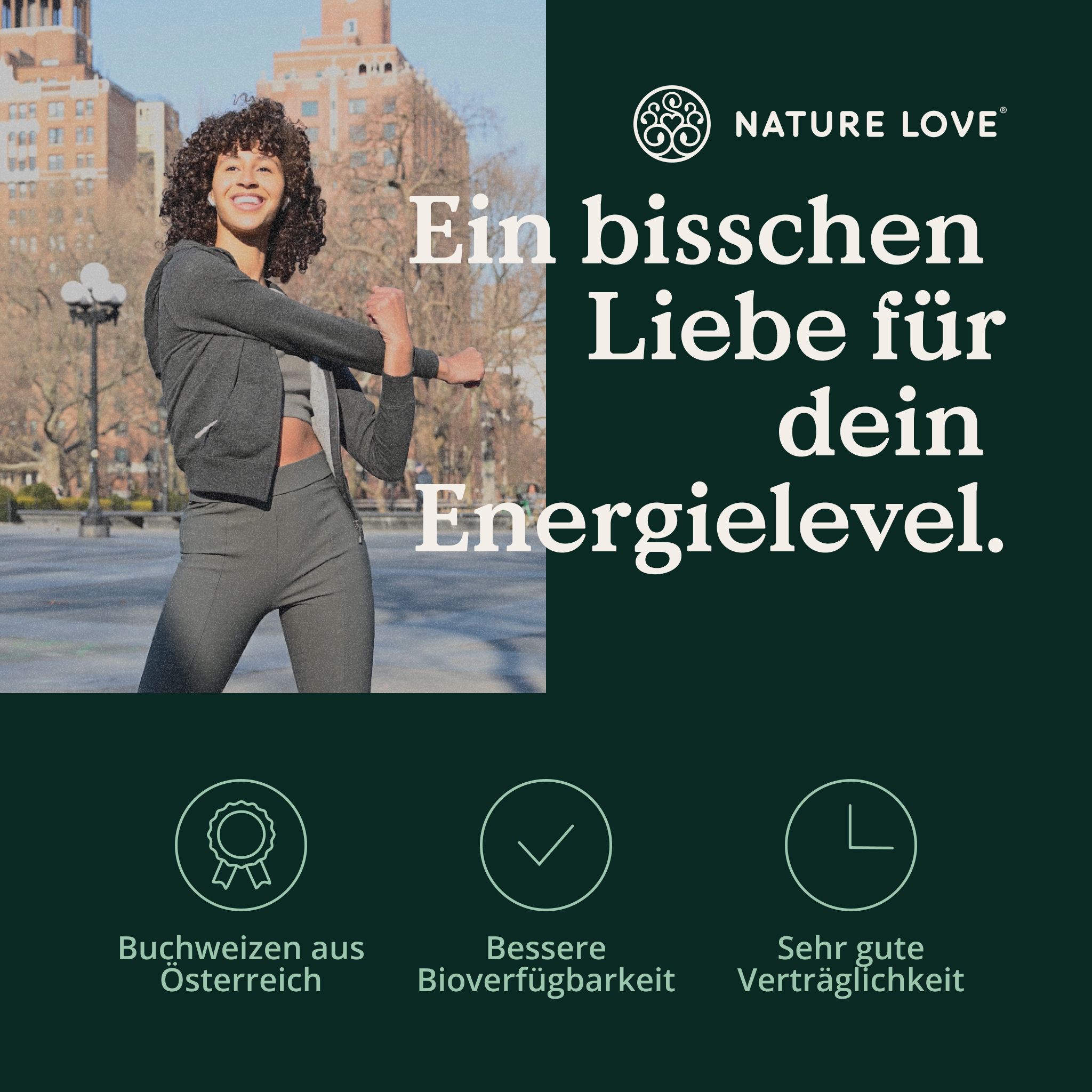 Donna in movimento davanti a uno sfondo urbano, testo: Un po' d'amore per il tuo livello di energia.