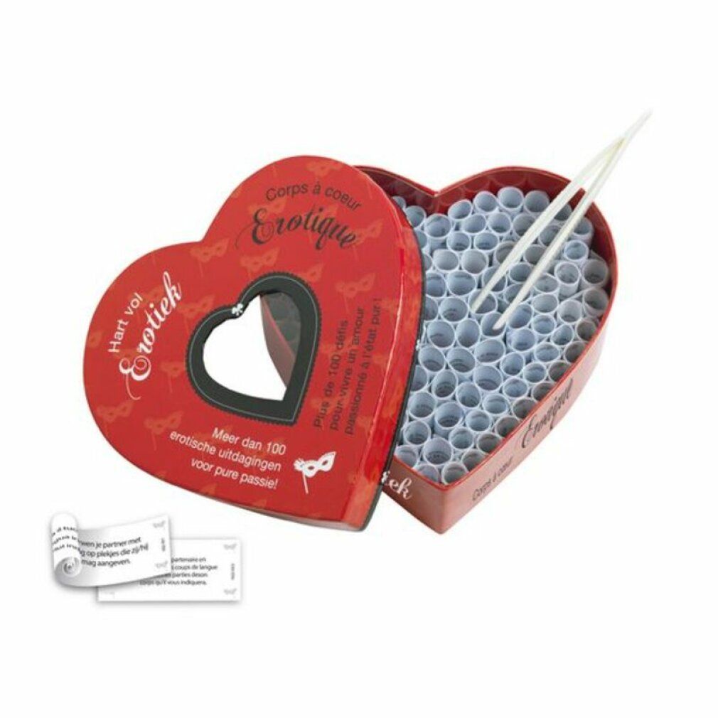 Scatola a forma di cuore con oltre 100 sfide erotiche e pinzette.