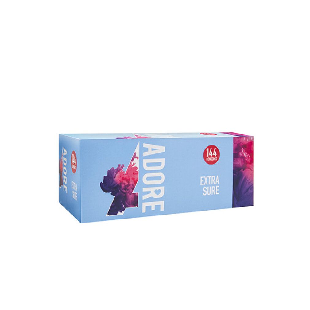 Scatola azzurra di preservativi Adore Extra Sure. 144 preservativi.