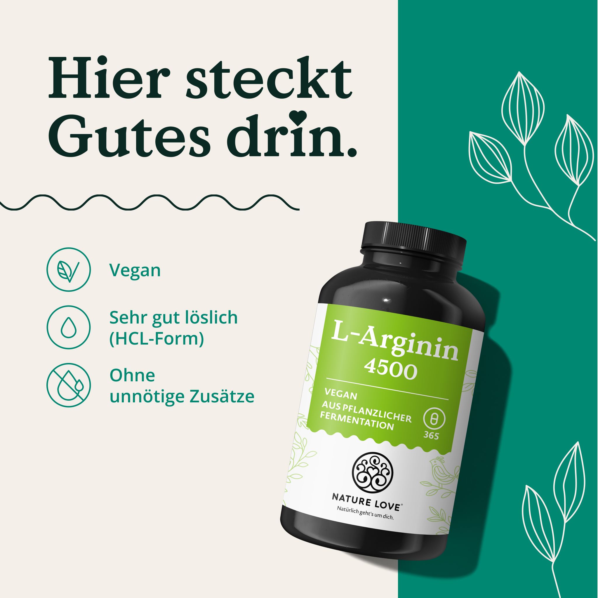 Capsule NATURE LOVE L-Arginina 4500, vegane, fermentazione vegetale.