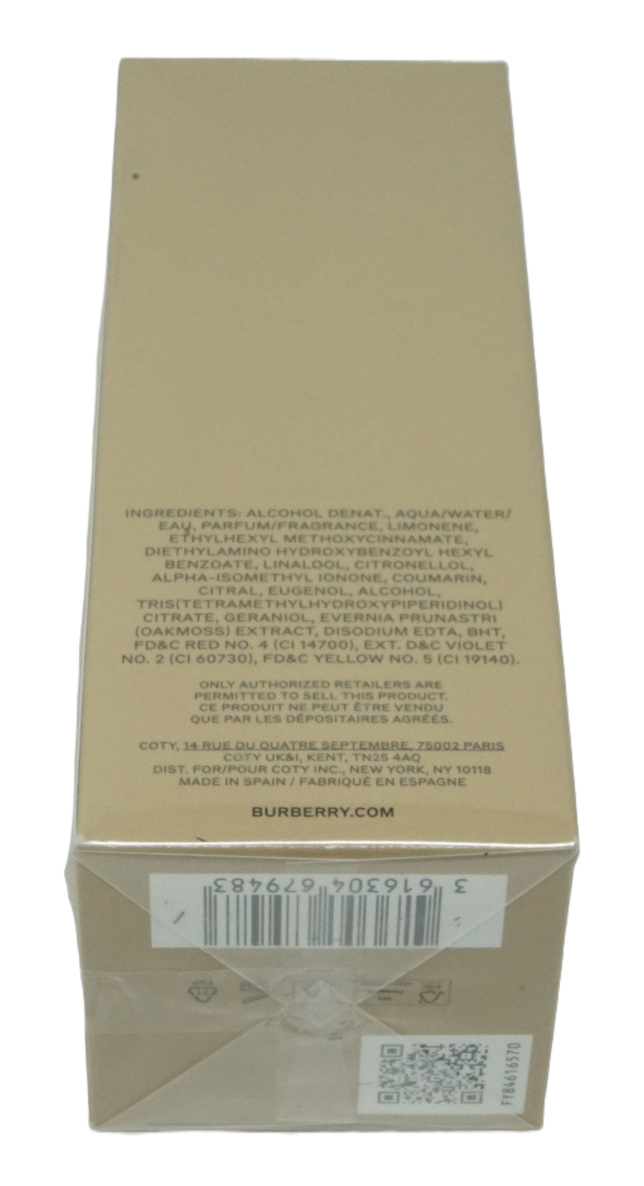 Retro della confezione. Ingredienti, codice a barre e QR code visibili. Logo Burberry.