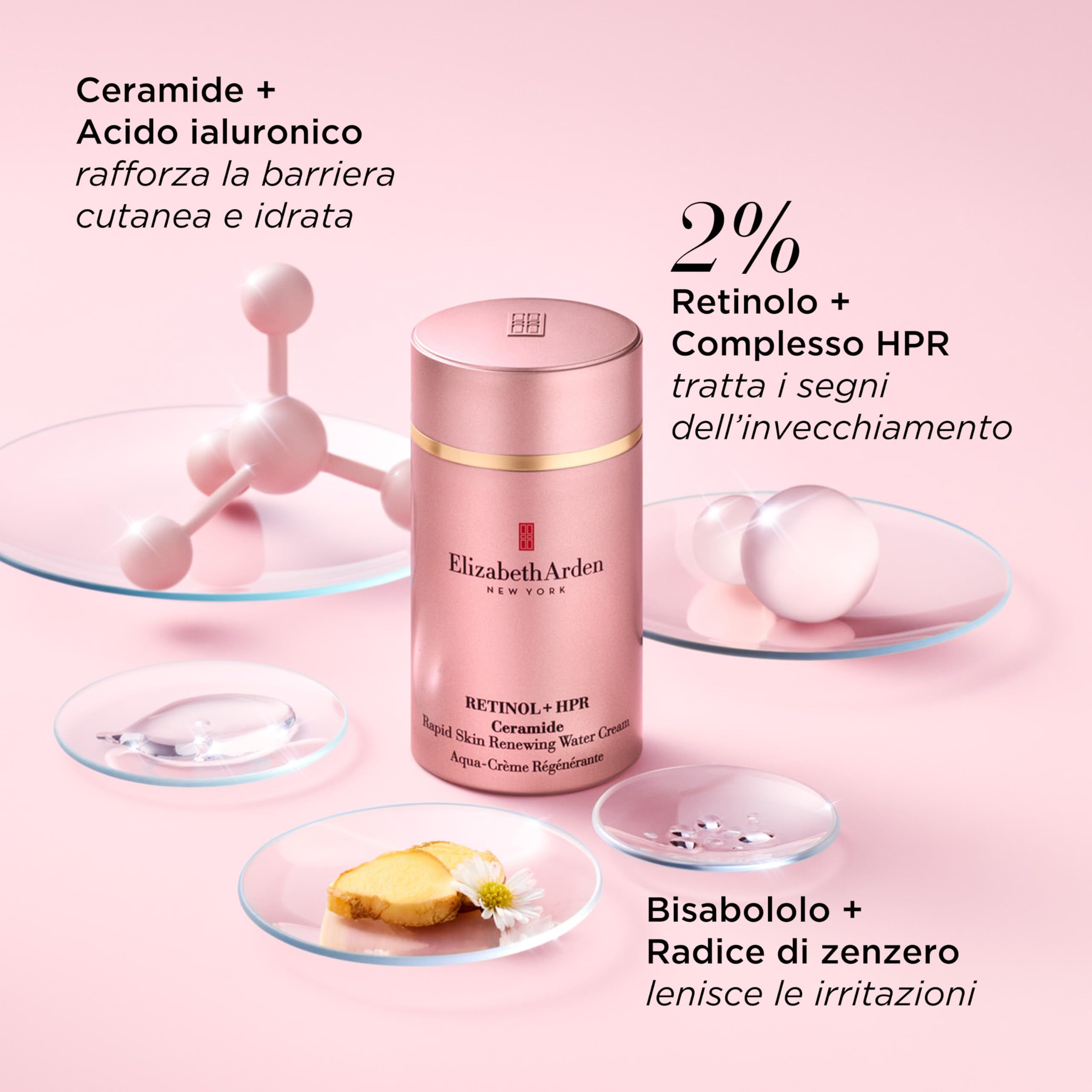 Confezione crema rosa con dettagli dorati. Testo: Elizabeth Arden, Retinol + HPR Ceramide, Aqua-Crème Régénérante. Elementi aggiuntivi.