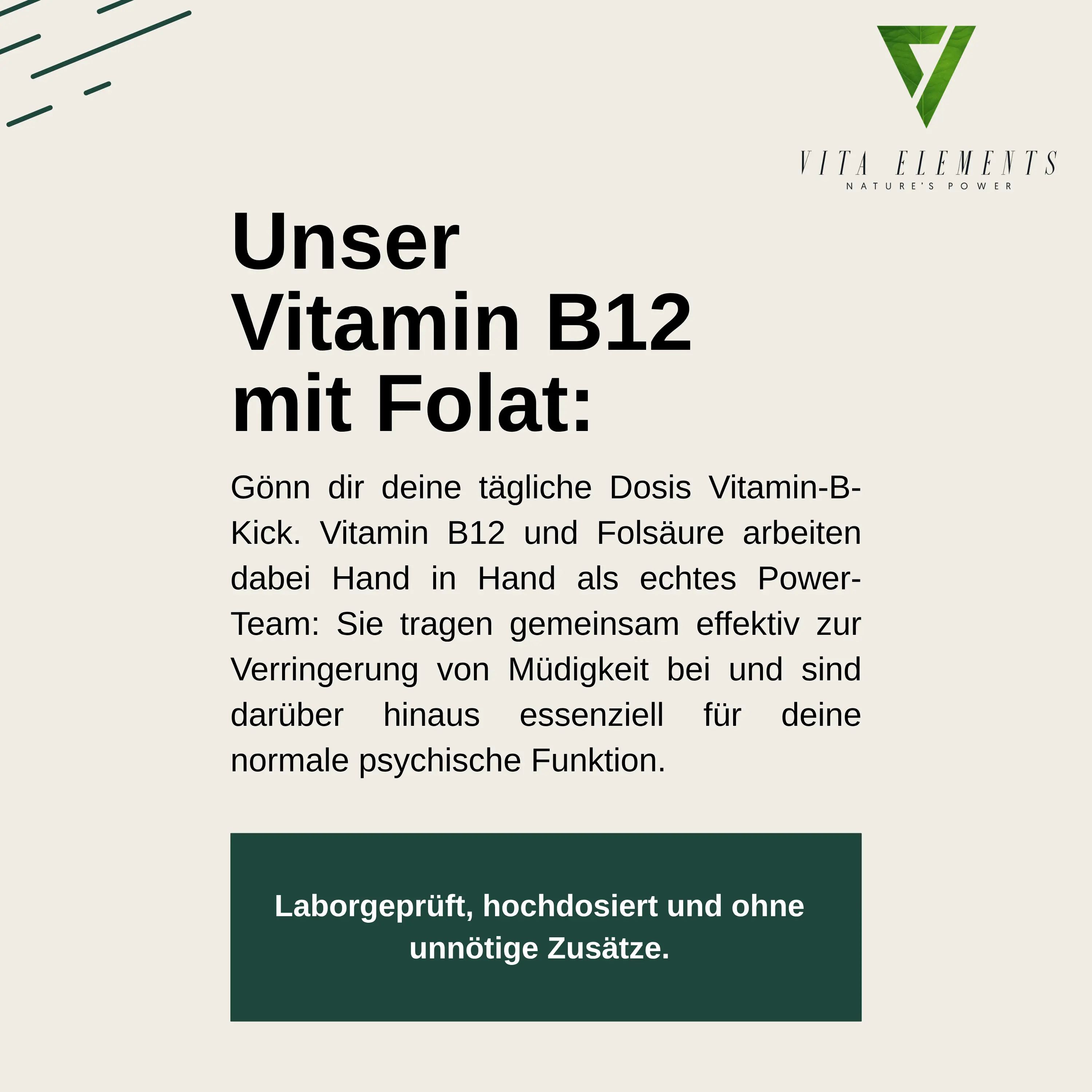 Informazioni testuali sulla vitamina B12 Vita Elements con folato.