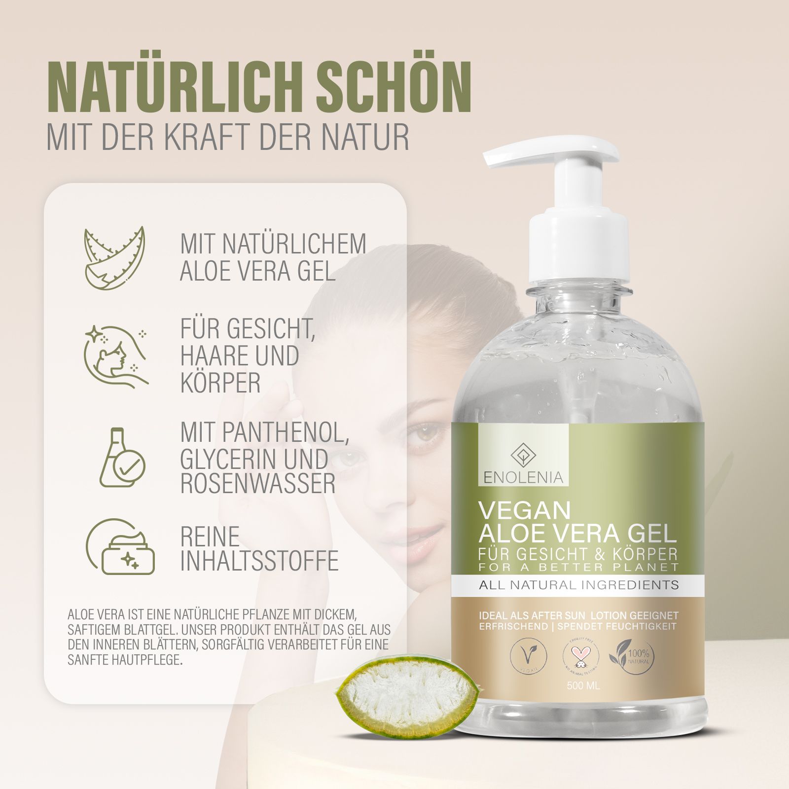 Flacone di gel di aloe vera Enolenia® con dispenser a pompa, circondato da foglie di aloe vera e testo.