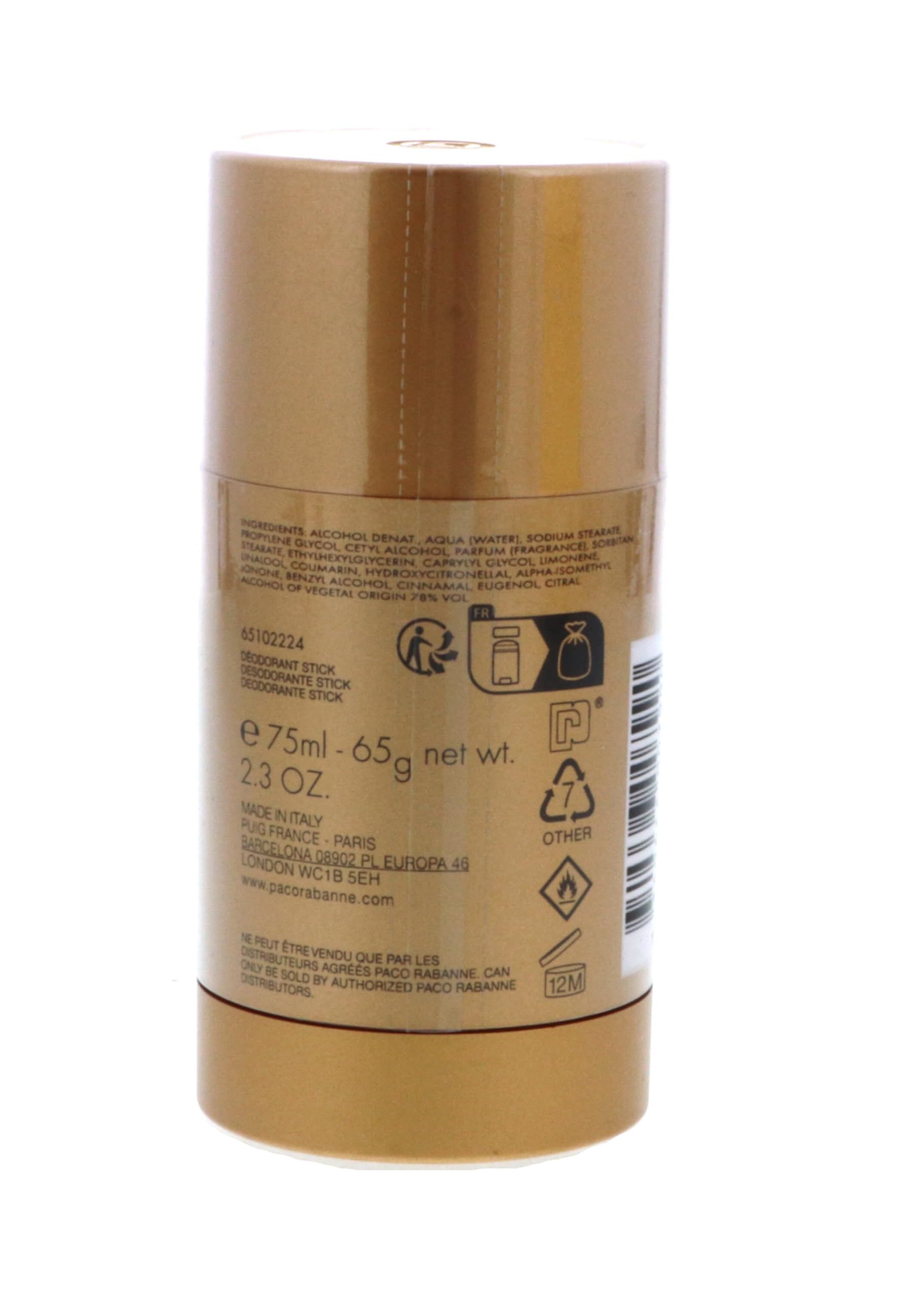 Stick deodorante dorato. Retro con ingredienti, informazioni e codice a barre.