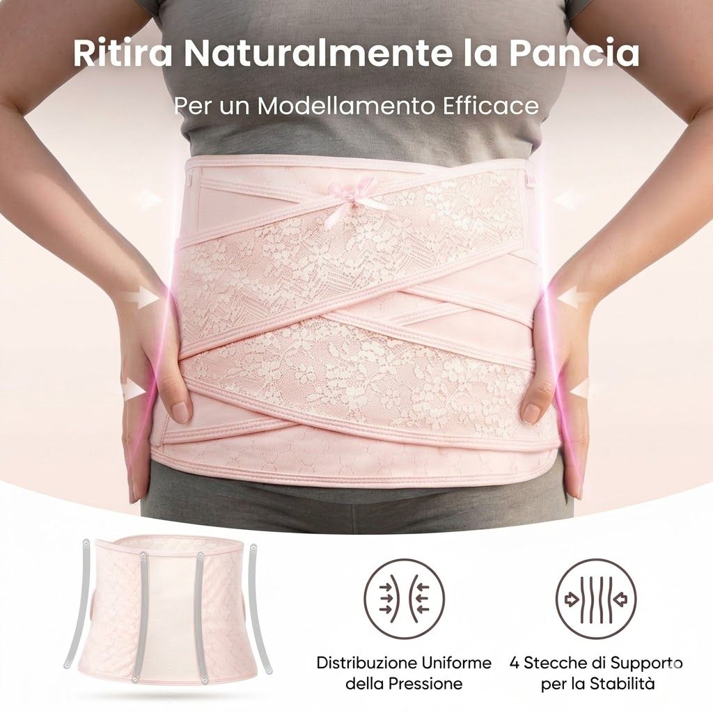 Fascia addominale rosa con supporto incrociato a V, con icone per nessun scivolamento, arrotolamento o ammucchiamento.