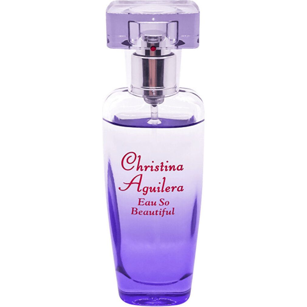 Flacone di profumo sfumato viola. Scritta: Christina Aguilera Eau So Beautiful. Erogatore trasparente.