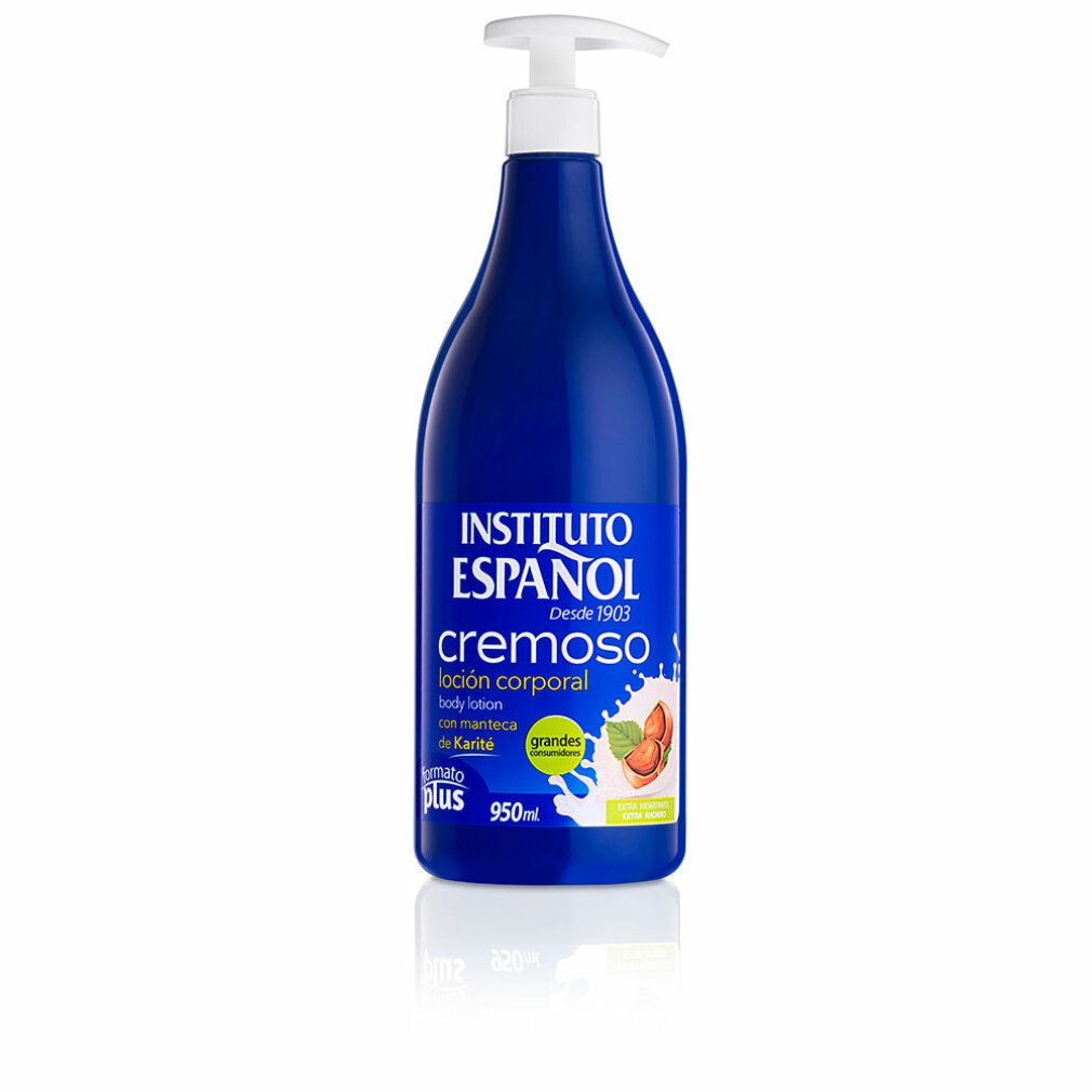 Flacone blu con dosatore. Scritta: Instituto Español, cremoso, loción corporal, 950ml. Illustrazione di frutta.