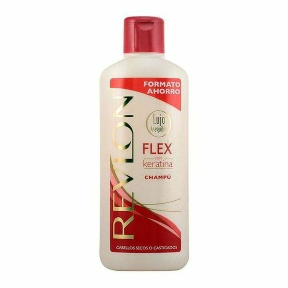 Flacone di shampoo Revlon Flex Keratina. Etichetta bianca, tappo rosso. Testo: Per capelli secchi o danneggiati.