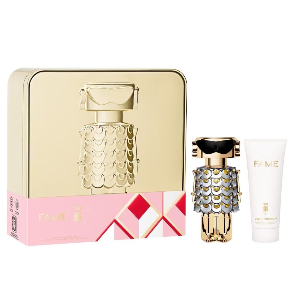Cofanetto regalo dorato con flacone di profumo e tubo. Flacone a forma di robot con scaglie argentate. Accenti rosa.