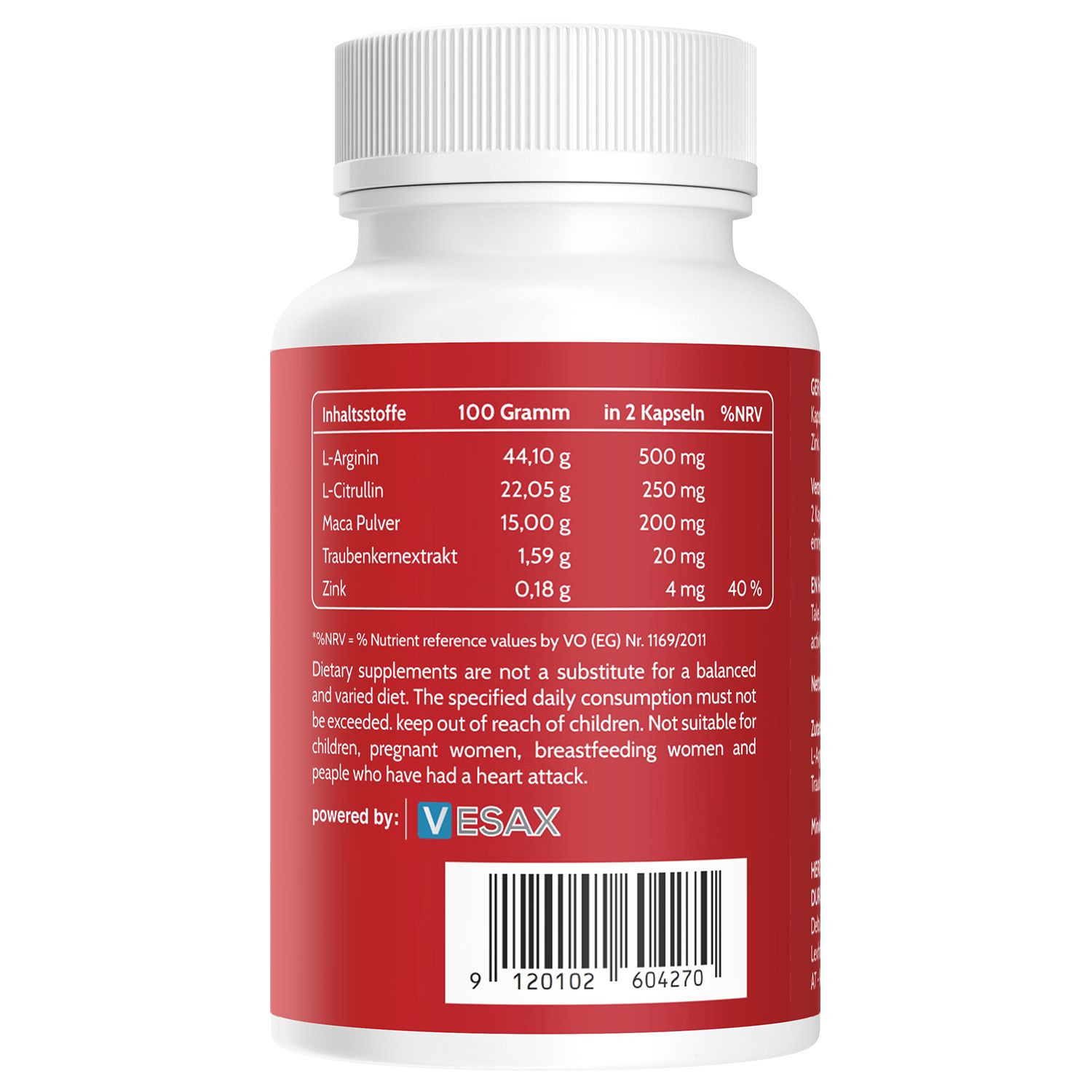 Retro di flacone bianco con etichetta rossa. Tabella nutrizionale con ingredienti e %VNR.