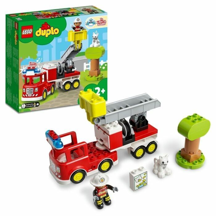 Set autopompa LEGO Duplo. Veicolo rosso con scala, personaggio, gatto e accessori. Confezione con logo e numero prodotto.