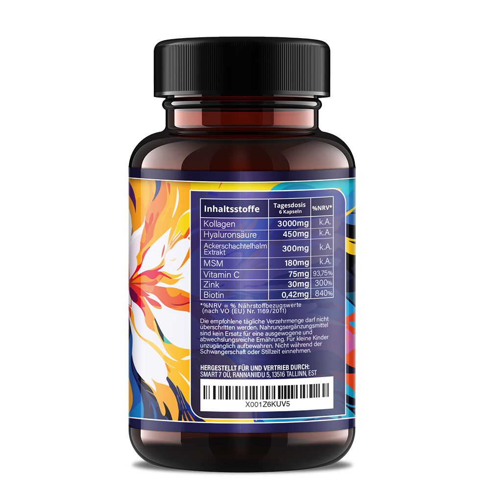 Flacone marrone con capsule. Scritta: Collagene, acido ialuronico, MSM, vitamina C, zinco, biotina. Valori nutrizionali. Ingredienti sul retro.