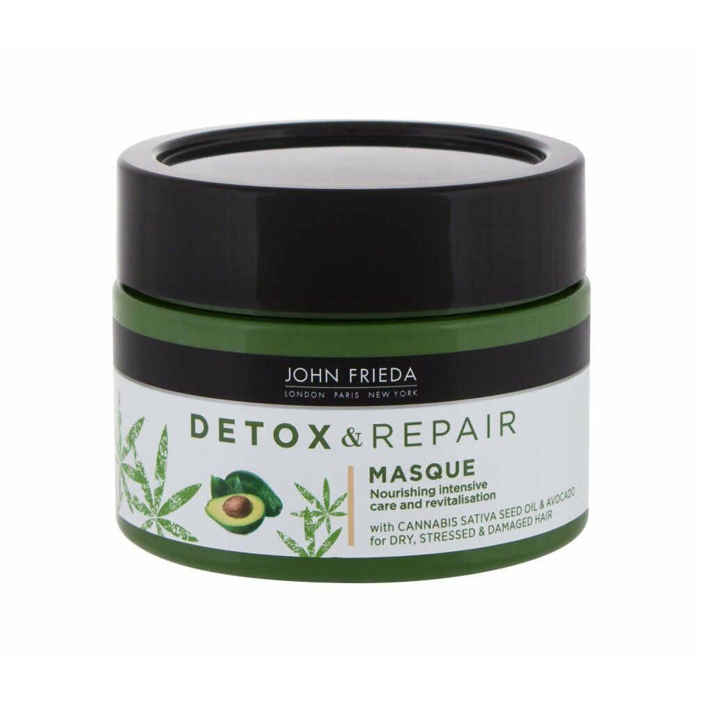 Barattolo John Frieda Detox & Repair Masque. Coperchio nero, corpo verde, etichetta bianca con illustrazione di foglie di cannabis.