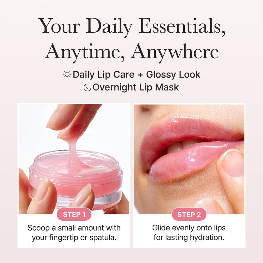 Una mano preleva una piccola quantità di maschera labbra rosa da un barattolo trasparente. Un'altra mano applica la maschera sulle labbra.