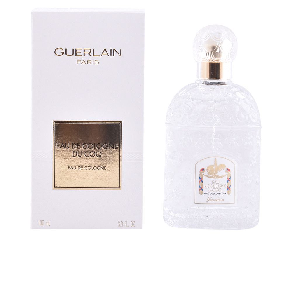 Flacone e confezione. Scatola bianca con testo dorato. Flacone con tappo dorato. Eau de Cologne du Coq.