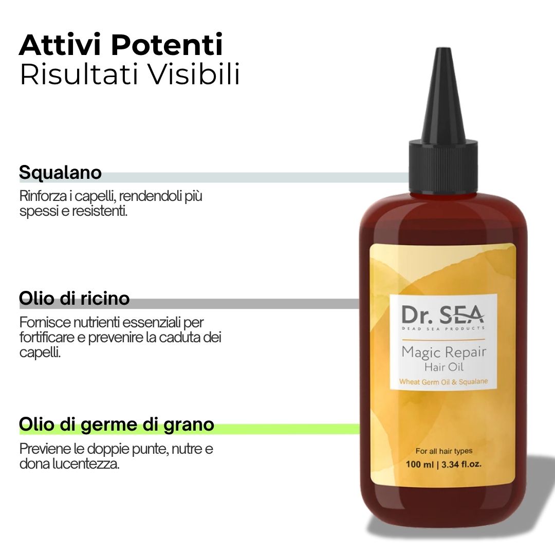 Flacone del prodotto con testo. Testo: Squalano, Olio di ricino, Olio di germe di grano. Marca: Dr. SEA.