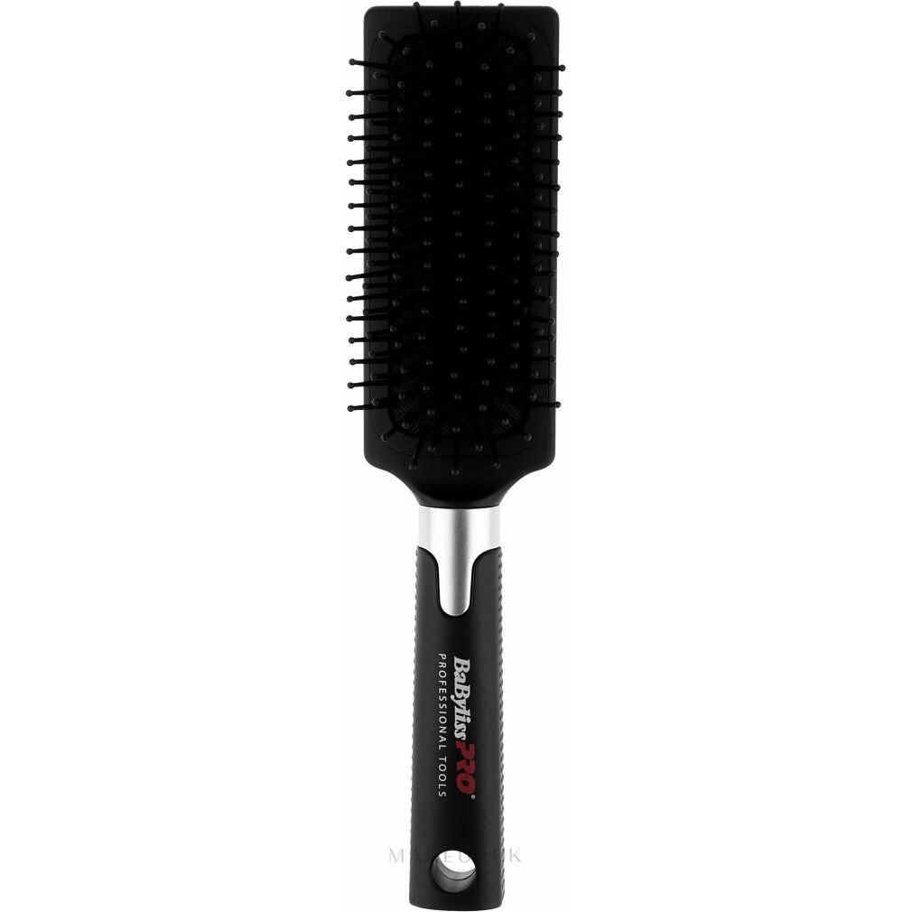 Spazzola per capelli nera con manico. Testina rettangolare con setole nere. Transizione argentata verso l'impugnatura. Logo Babyliss Pro.